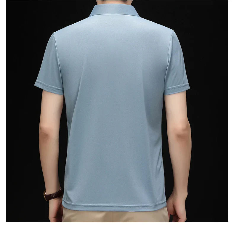 High quality brand solid color V-neck short sleeve polo shirt men summer fashion simple casual ice silk breathable lapel T-shirt