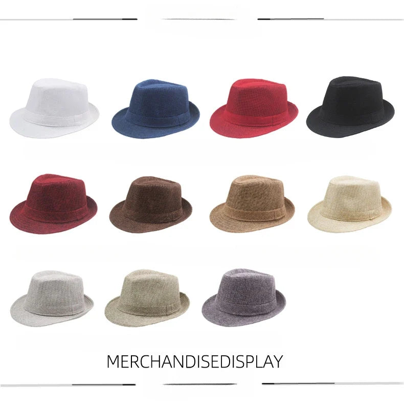 Middle Aged Linen Curled Jazz Hat Summer British Retro Top Hat Outdoor Plain Solid Linen Sun Visor Hat Party Fedoras Cap