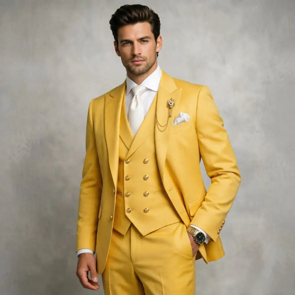 Mens White 3 Pieces Slim Fit Wedding Tuxedo Gold Buttons Peak Lapel Vest Formal Blazer Pants Groom Prom Office Evening Wear