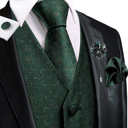 Navy Blue Mens Silk Vests Business Paisley V-Necl Waistcoat Tie Hanky Cufflinks Brooch Set for Men Suit Wedding Formal Hi-Tie