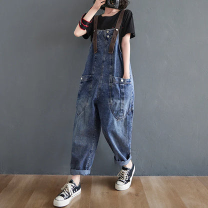 Anti-Aging High Waist Loose Women's Denim Overalls Korean Sle Summer Faion Thinming Harem Nine-Piece Pants