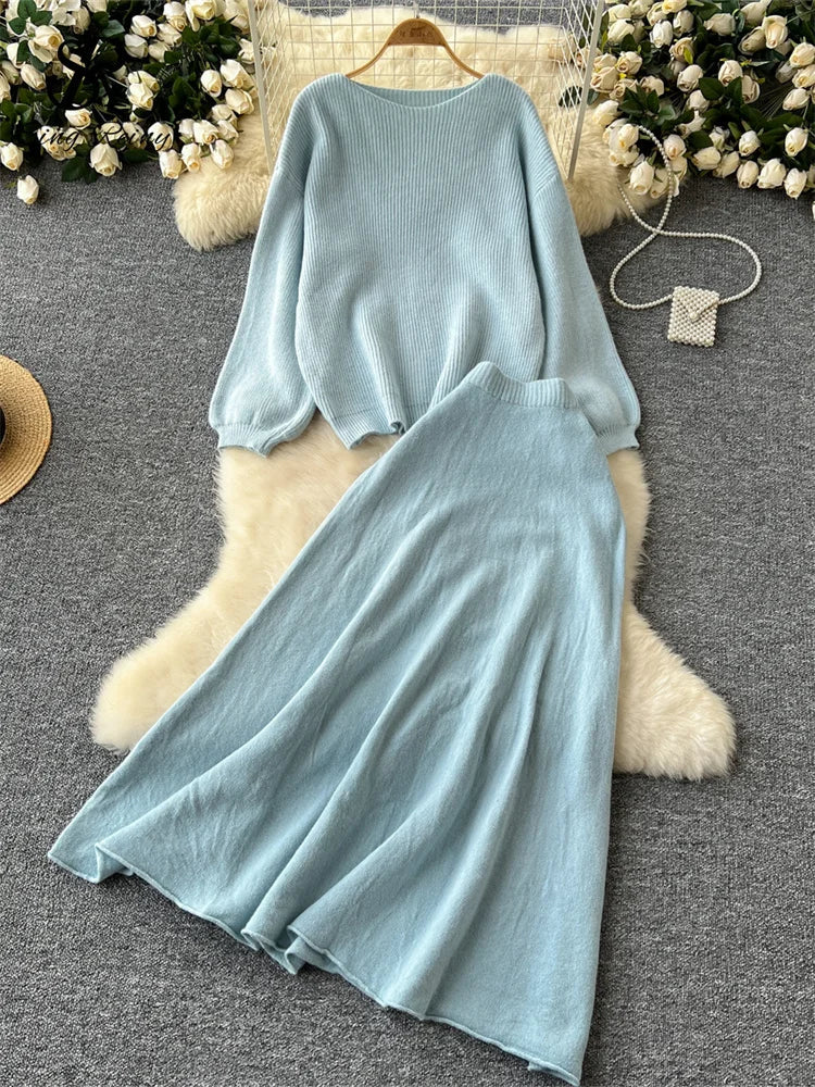 Autumn Casual Two Pieces Sets Women O-Neck Loose Knitting Top+Elastic Waist Large Swing Skirt Basic Korean Winter Sets