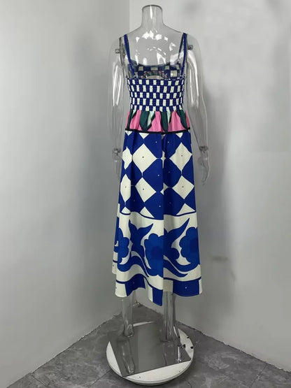Fashion Women Print Suspenders Blue Ocean Fish Pattern Sexy Long Dress 2025 New Spring Summer Temperament Maxi Dresses