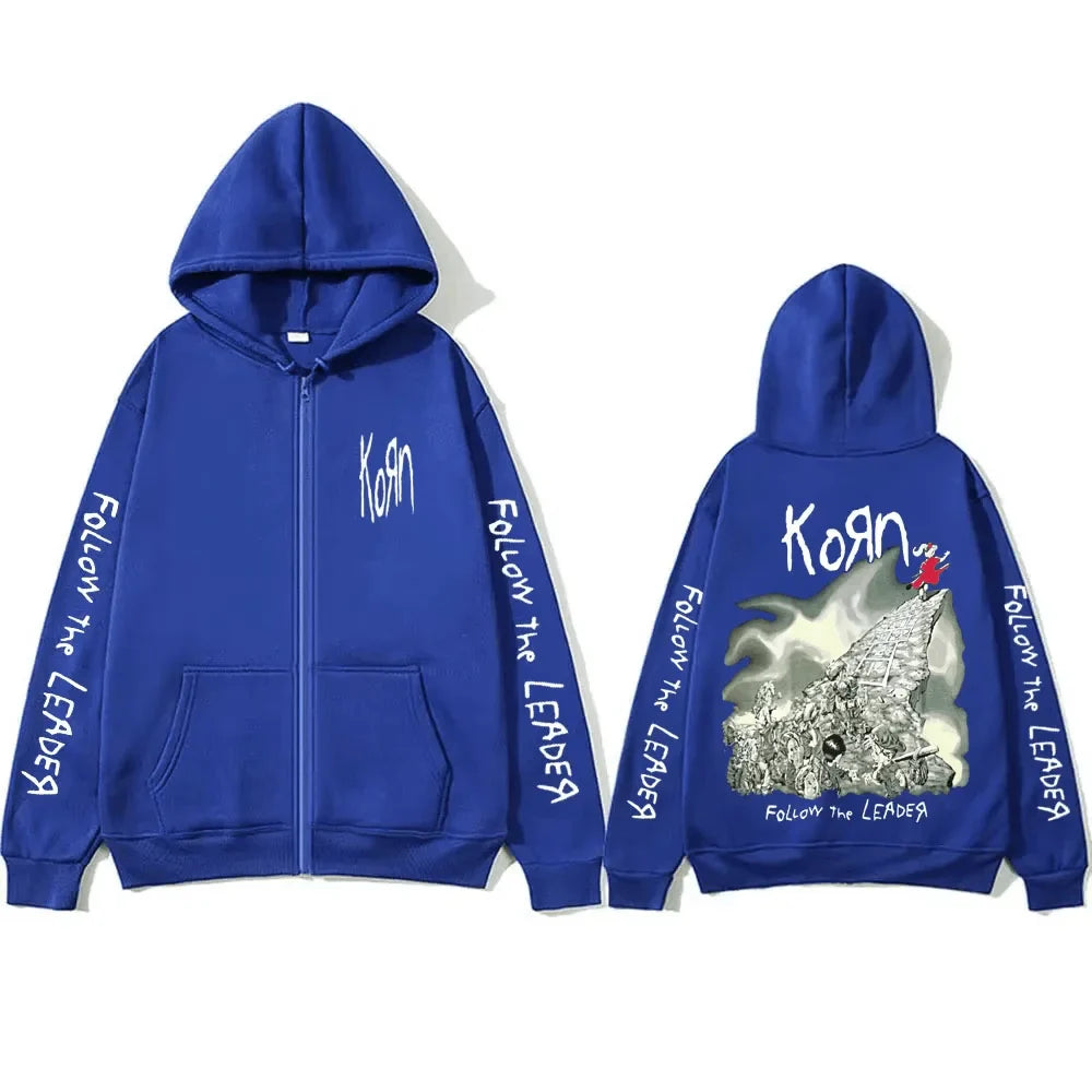Rock Band Korn Follow The Leader Tour 2014 Zipper Hoodie Men Women Retro Gothic Metal Zip Up Jacket Casual Oversized Sweatshirts