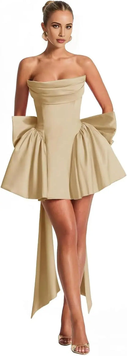 2025 Satin Strapless Back To School Dress with A Large Bow At The Back, Mini Skirt for Teenagers Cocktail Dress Short DanceDress