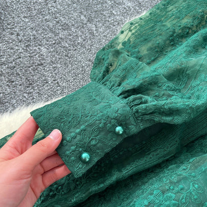 High-End Women's Dress Heavy Embroidery A-Line Long Skirt V-Neck Lantern Sleeve Single Button High Waist Korean Style Commute