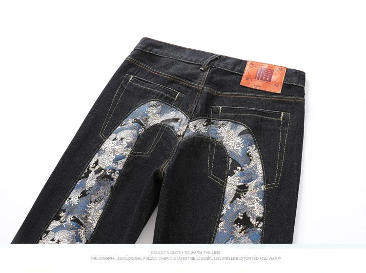 Japanese Handmade Embroidered Jeans Men's Pure Cotton Straight Tube Hip-Hop Popular Slim Red Ears Show Thin Trousers Devil Big M