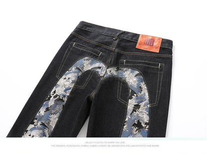 Japanese Handmade Embroidered Jeans Men's Pure Cotton Straight Tube Hip-Hop Popular Slim Red Ears Show Thin Trousers Devil Big M
