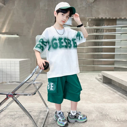 Hot Sale Teenager Boy Summer Tee Top and Bottom Clothes Set for Child Letter Print Cotton T-shirt + Shorts 2 Piece Clothing Suit