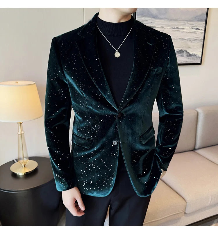 High Quality Velvet Bronzing Suit Coats Mens Sparkle Elegant Slim Business Suits Jacket Homme Formal Social Prom Party Tuxedos