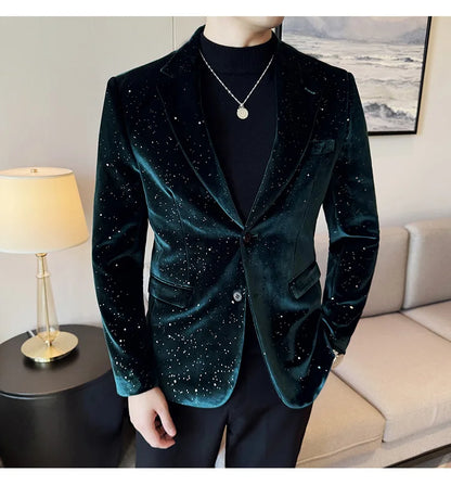 High Quality Velvet Bronzing Suit Coats Mens Sparkle Elegant Slim Business Suits Jacket Homme Formal Social Prom Party Tuxedos