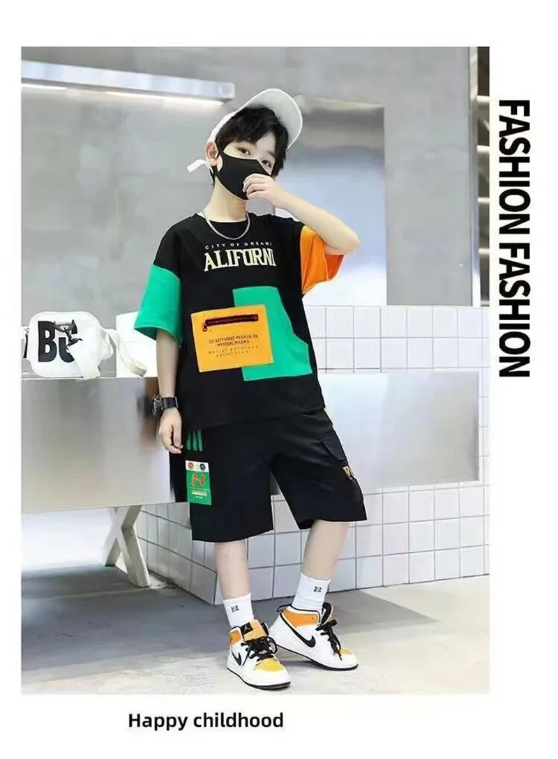 Summer Boys Clothes Sets Teenager Casual Outfits Kids Print T-shirt +Shorts 2Pcs Children Short Sleeve Tracksuit Suits 5-12 Year
