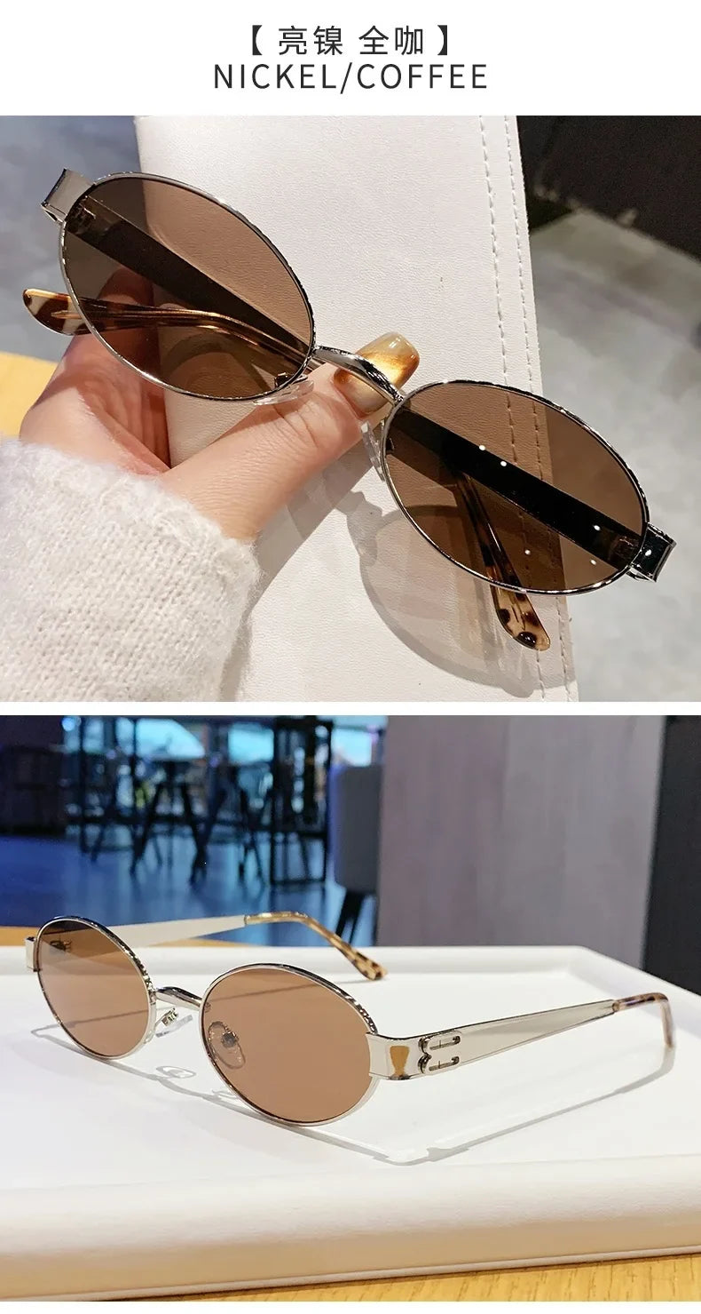 Retro Small Oval Metal Frame Women Sunglasses UV400 Thin Full Rim Men Punk Sun Glasses Vintage Shades Lentes De Sol Mujer
