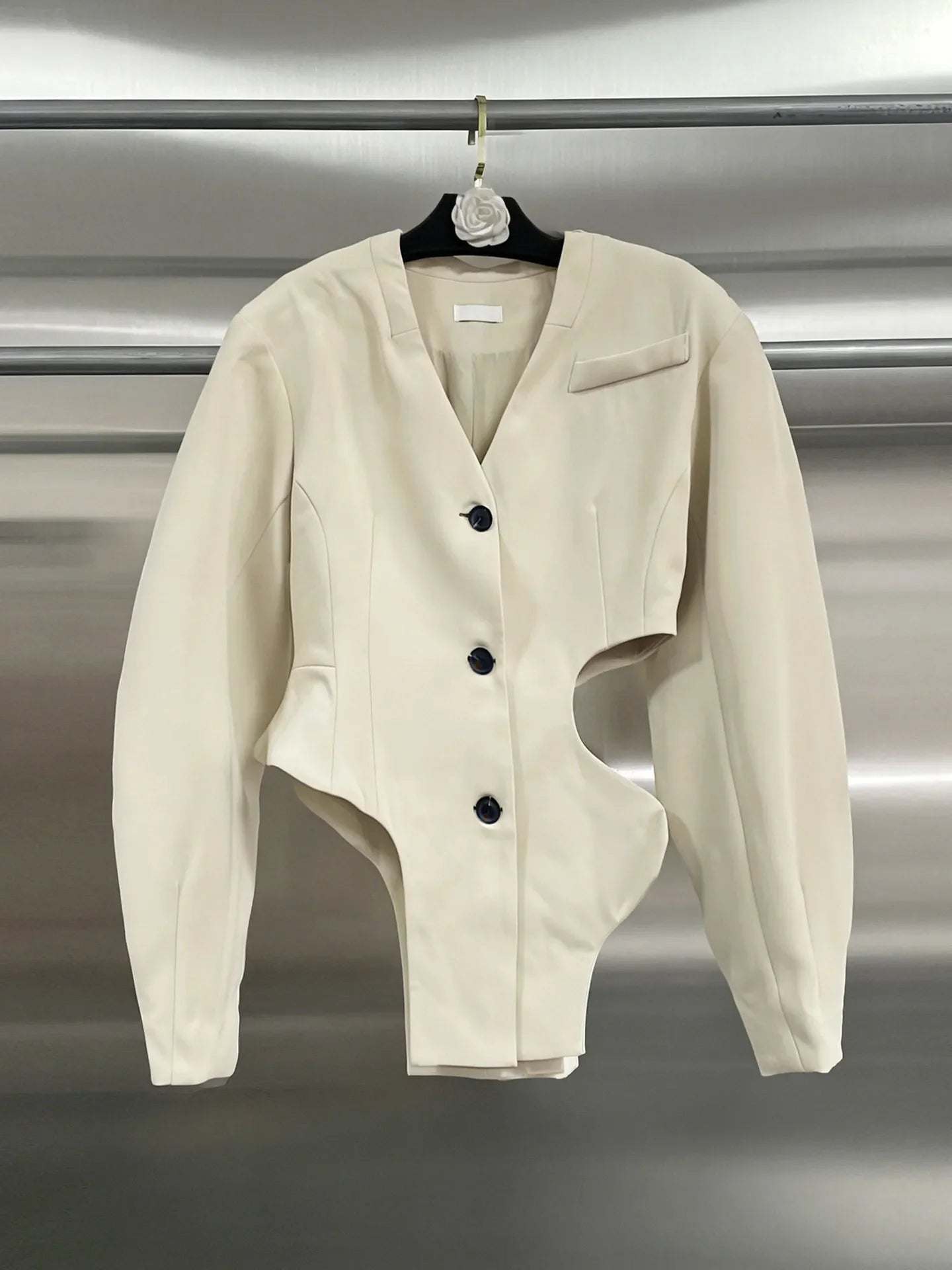 Chic Elegant & Hot Girl Style Apricot Blazer, Unique Asymmetrical Design with Cutout Detailing, Fashionable Suit Jacket