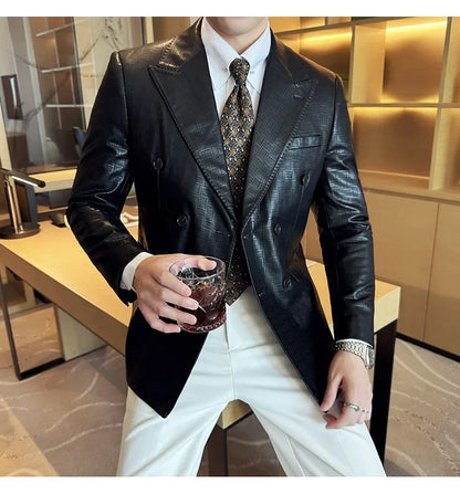 High Quality Square Grid Double Breasted Leather Jacket Fashion Business Slim Fit Casual Men Suit Blazer Tuxedos Men Clothing