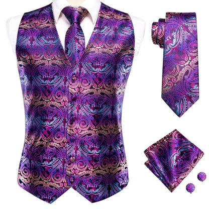 Hi-Tie Black Luxury Paisley Men's Vest Set Hanky Cufflinks For Wedding 100% Silk Vest For Men Gold Waistcoat Yellow Classic Vest