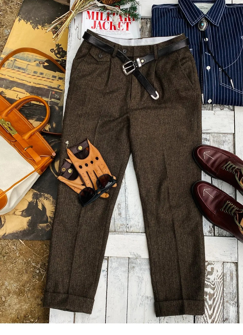 British-Style Vintage Wool Herringbone Pattern Men's Trousers, Large Size, Loose Straight-Leg Naples Men's Pants