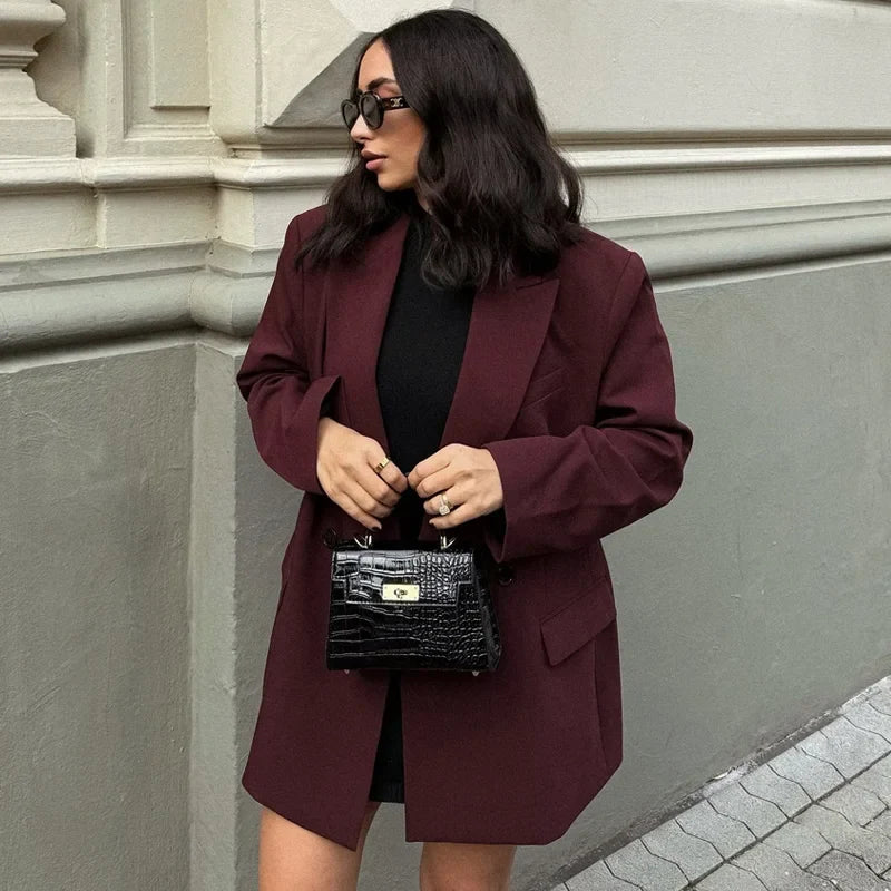 2025 Women's Red Blazers Office Wear Woman Elegant Burgundy Fitted Outerwears Chic Suit Jacket High Quality Women's Blazer