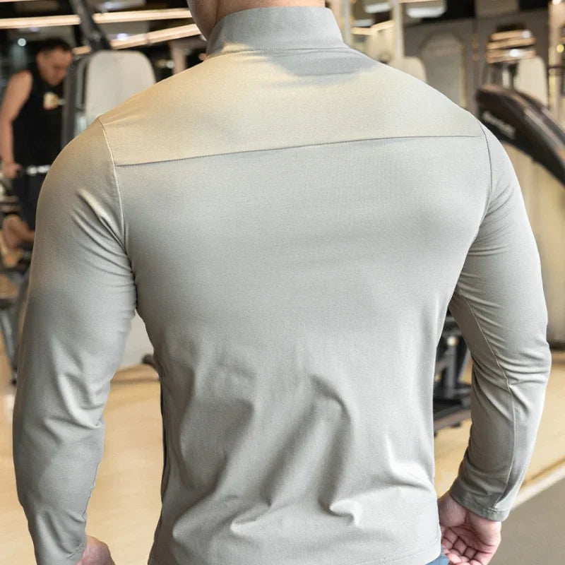 Quick Drying Clothes Men Autumn Sports T-shirt Stand Neck Loose Long Sleeved Outdoor Running Tracksuit Breathable Half Zip Top