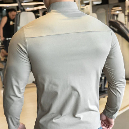 Quick Drying Clothes Men Autumn Sports T-shirt Stand Neck Loose Long Sleeved Outdoor Running Tracksuit Breathable Half Zip Top