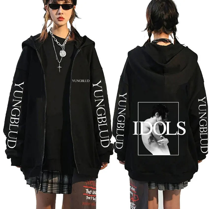 Singer Yungblud Black Hearts Club Zipper Hoodie Male Fleece Cotton Zip Up Hoodies Men Women Rock Vintage Oversized Zip Up Jacket