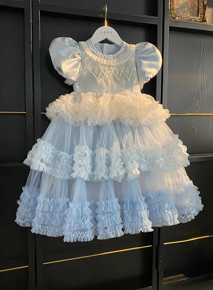 Sweet Little Girls Spring and Summer New Heavy Princess Gown Childrens Puff Sleeve Pearl Sequined Mesh Birthday Party Cake Dress