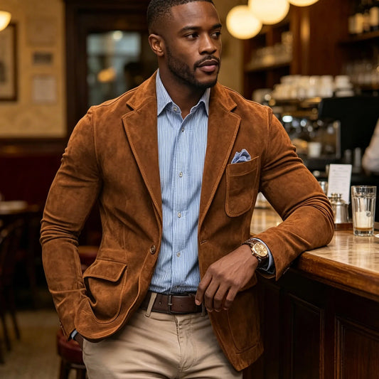 Men's Suede Brown Blazer Vintage Slim Fit Notched Lapel Formal Jacket High Quality Flap Pocket Sport Coat For Business Casual