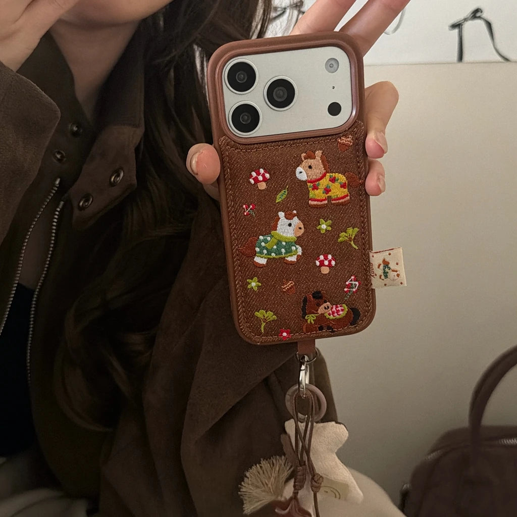Cute Brown Embroidered Pony Mushroom With Lanyard Shockproof Protective Phone Cover Case for iPhone 17 16 15 14 Pro Max