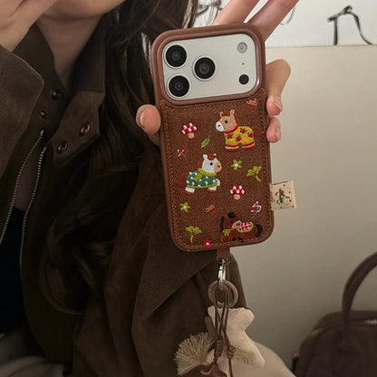Cute Brown Embroidered Pony Mushroom With Lanyard Shockproof Protective Phone Cover Case for iPhone 17 16 15 14 Pro Max