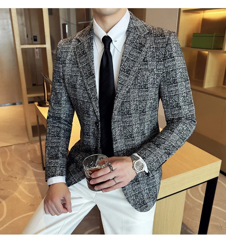 High Quality Meteor Grid Suit Jackets Men British Style Slim Fit Business Casual Fashion Blazers Formal Men Wedding Party Tuxeds