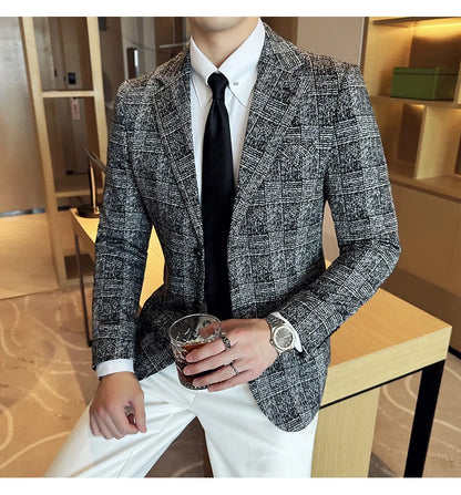 High Quality Meteor Grid Suit Jackets Men British Style Slim Fit Business Casual Fashion Blazers Formal Men Wedding Party Tuxeds