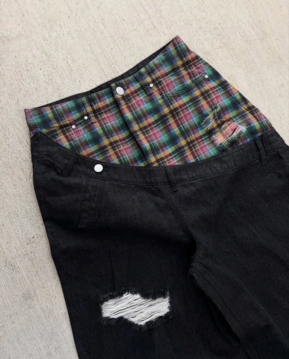 Y2k Slanted Runway Baggy Jeans Retro Plaid Patchwork Men Women Wide Leg Pants American Hip Hop Streetwear Unisex Casual Jeans