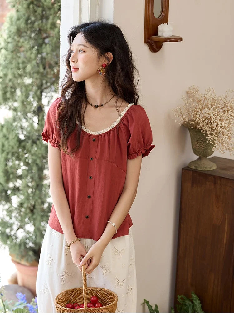 French Summer Shirts for Women 2025 Short Puff Sleeve Lace Colla Slimming Blouses Female Sweet Fashion New MXE35X1827
