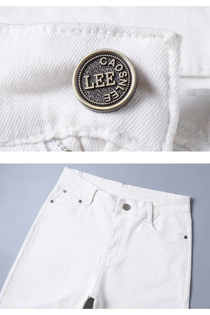 Men's Jeans Pure White Fashion Elastic Slim Youth Slimming Straight Leg Male Pants Business Casual Middle Age High End Trousers