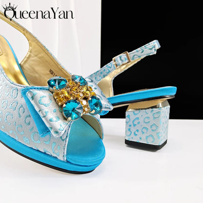 Queena Yan  2025 Shiny Italian Fashion Pointed Toe Women Heel Fashion Rhinestone Decoration Pink Color Shoes And Bag Set