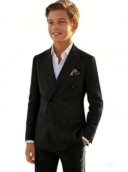 Boys Linen Suit Set 2 Pieces Banquet Party Wear Double Breasted Kids Tuxedo With Jacket Pants For Birthday Gift Elegant Suits