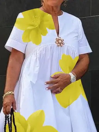 Modigirl Women's Summer New Dress 2025 V-Neck Pleated Short Sleeves White Loose Flower Print Casual Midi Dresses for Woman