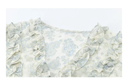 Women's Light Blue Paisley Print Ruffle Blouse V-neck Sheer Long Sleeve Chiffon Shirt Casual Summer Wear MXF13X2549