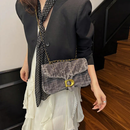 Hong Kong Style Retro Distressed Denim Armpit Bag for Women 2025 Summer New Fashion Versatile Commuter Shoulder Bag Chain Mobile Phone Bag Daily Work to School Class Lipstick Tissue