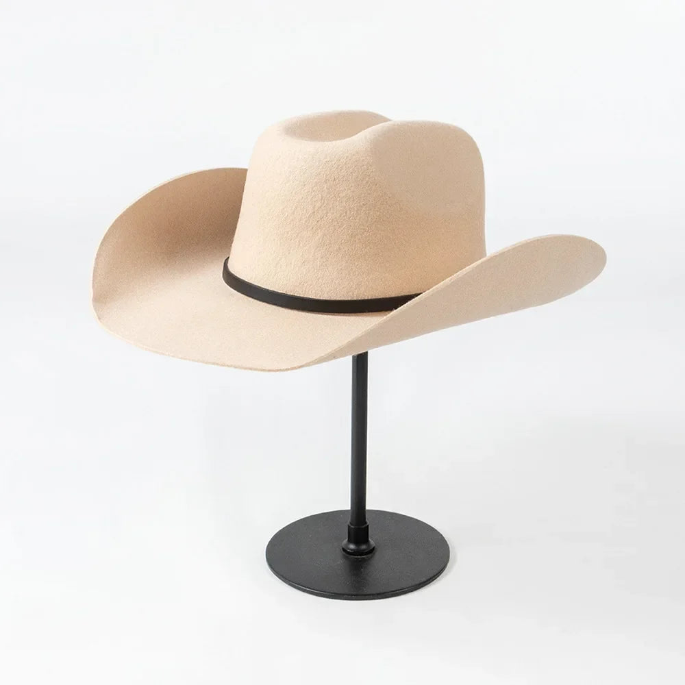 New Autumn Winter Women Fedoras with Belt Buckle Wide Brim Rolled Wool Cowboy Hat M L Size Obtainable