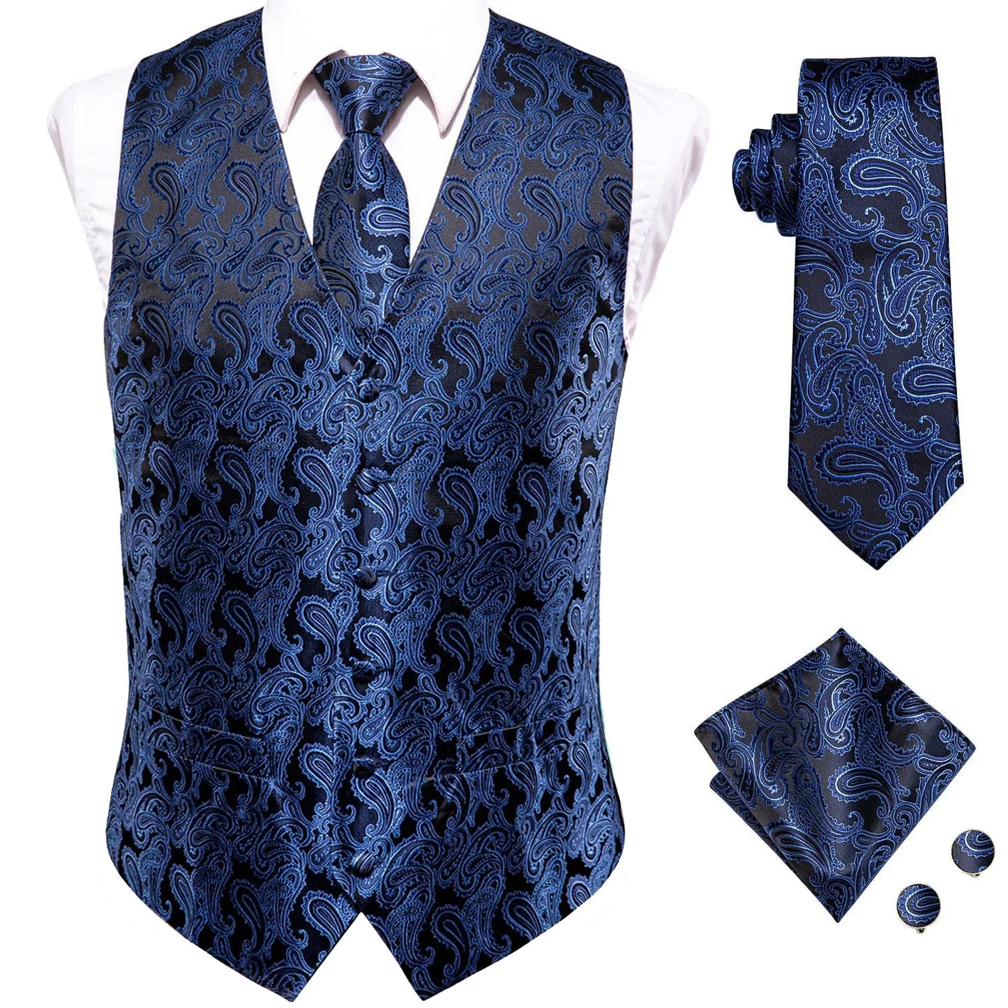 Navy Blue Mens Vest Formal Paisley Waistcoat Jacket Tie Handkerchief Cufflinks Set For Male Dress Suit Wedding Party