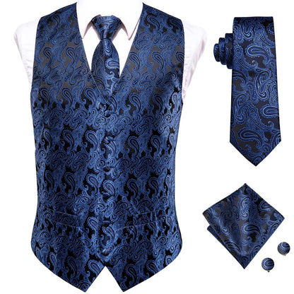 Navy Blue Mens Vest Formal Paisley Waistcoat Jacket Tie Handkerchief Cufflinks Set For Male Dress Suit Wedding Party