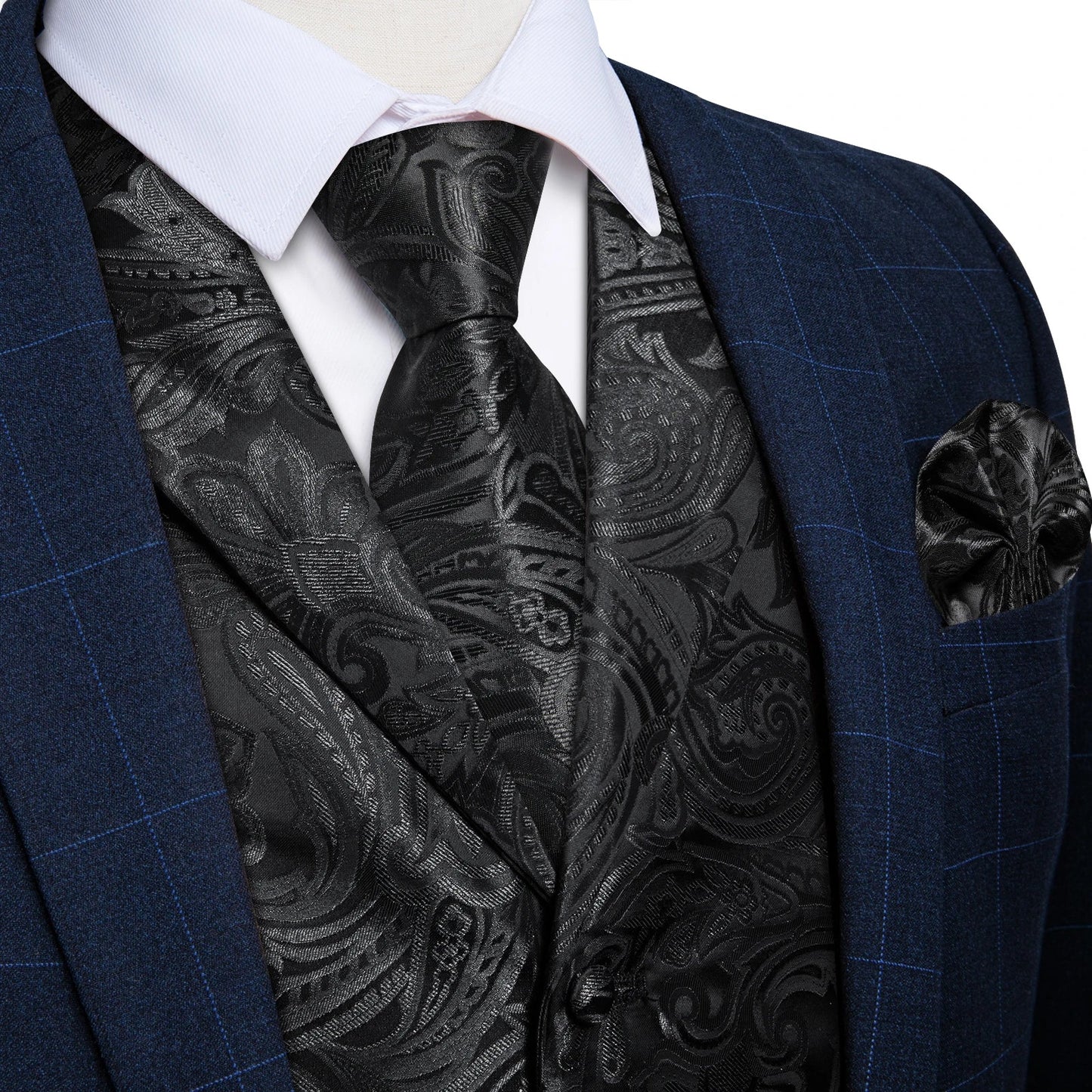 Men's Suit Vest Neck Tie Set Black Paisley Waistcoat for Wedding Party Tuxedo Suits Luxury Sleeveless Jacket DiBanGu