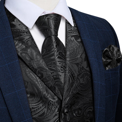 Men's Suit Vest Neck Tie Set Black Paisley Waistcoat for Wedding Party Tuxedo Suits Luxury Sleeveless Jacket DiBanGu