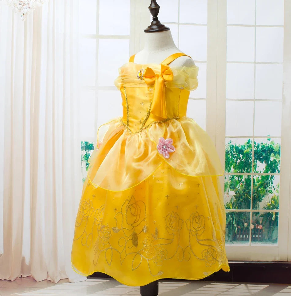 Beauty Belle Princess Cosplay Dress Girl Yellow Floral Off Shoulder Mesh Kid LED Light Halloween Costume Birthday Surprise Gift