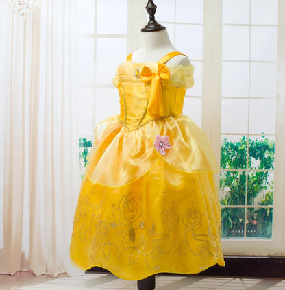 Beauty Belle Princess Cosplay Dress Girl Yellow Floral Off Shoulder Mesh Kid LED Light Halloween Costume Birthday Surprise Gift