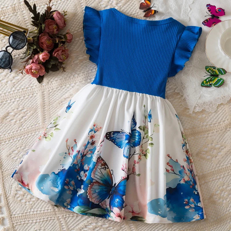 Summer New Girl's Butterfly Printed Dress 3-7Y Flying Sleeves Children's Cute Casual Dresses Girls Fashion Clothing