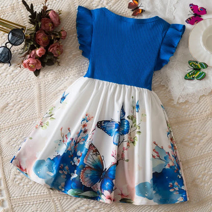 Summer New Girl's Butterfly Printed Dress 3-7Y Flying Sleeves Children's Cute Casual Dresses Girls Fashion Clothing