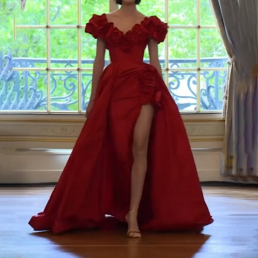 RFYR Off Shoulder Evening Dress A-Line Prom Dress 3D Flowers Embroidery Satin High Slit Celebrity Gala Dresses Customized