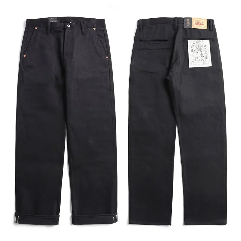 Black Men's Jeans Relaxed Fit 14.5oz Selvedge Denim Officer Trousers